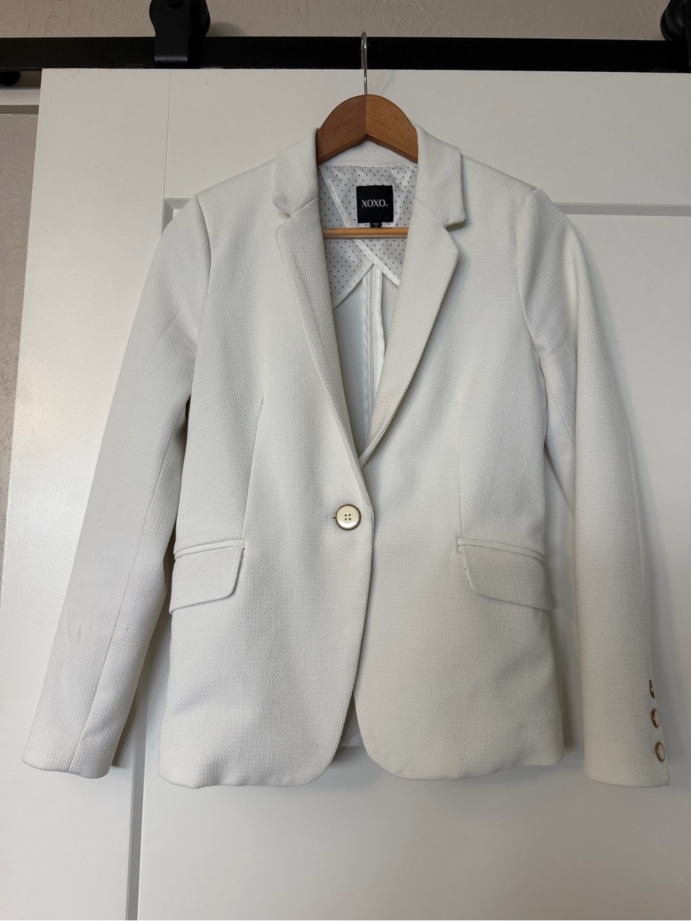 XOXO Womens White Single-Button Textured Blazer